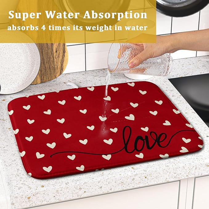 Giwawa Red Hearts Dish Drying Mat 16"x18", Valentines Day Symbol of Love Dish - Image 7