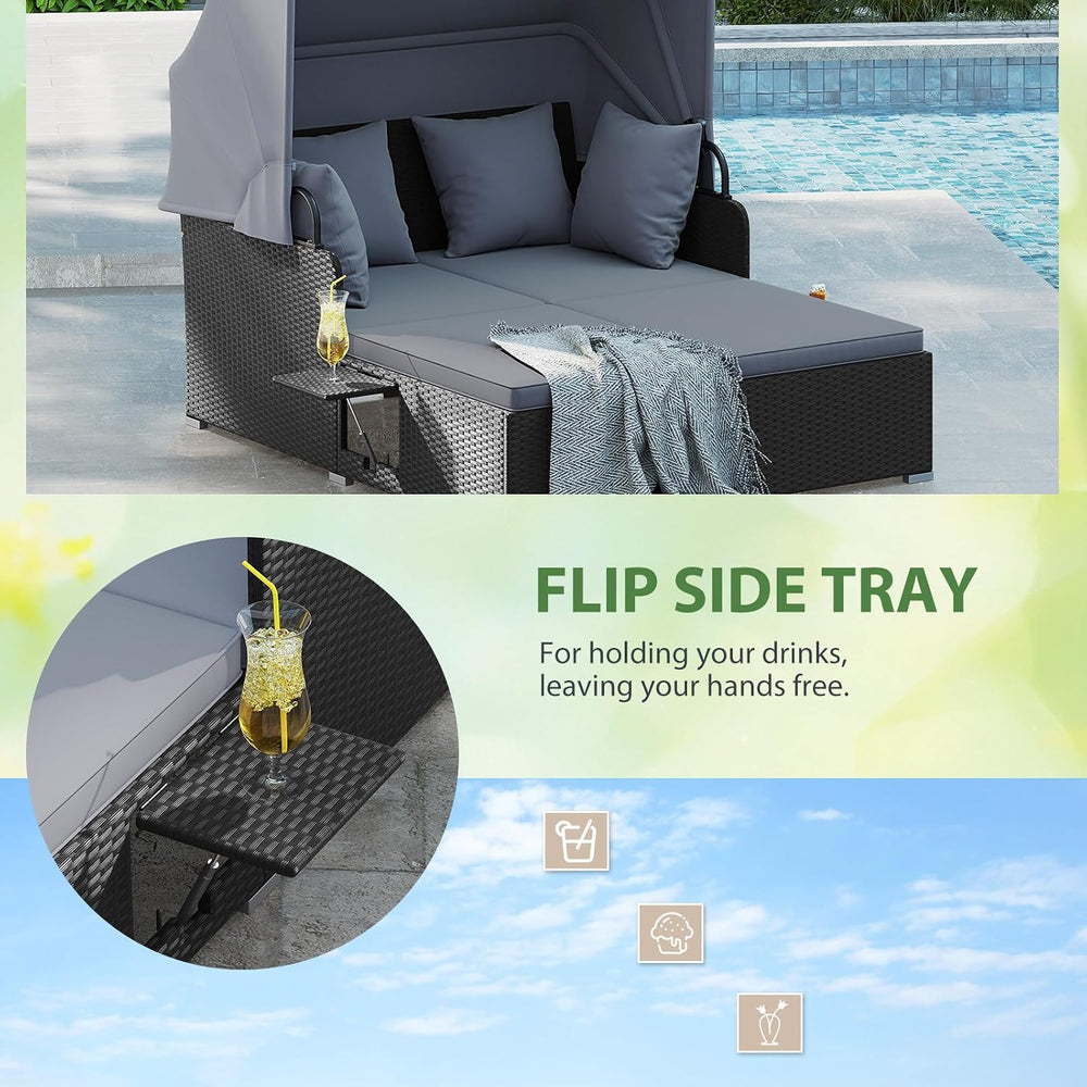 DREAMADE Outdoor Daybed with Canopy, 2 Person Rattan Patio Sunbed, Grey
