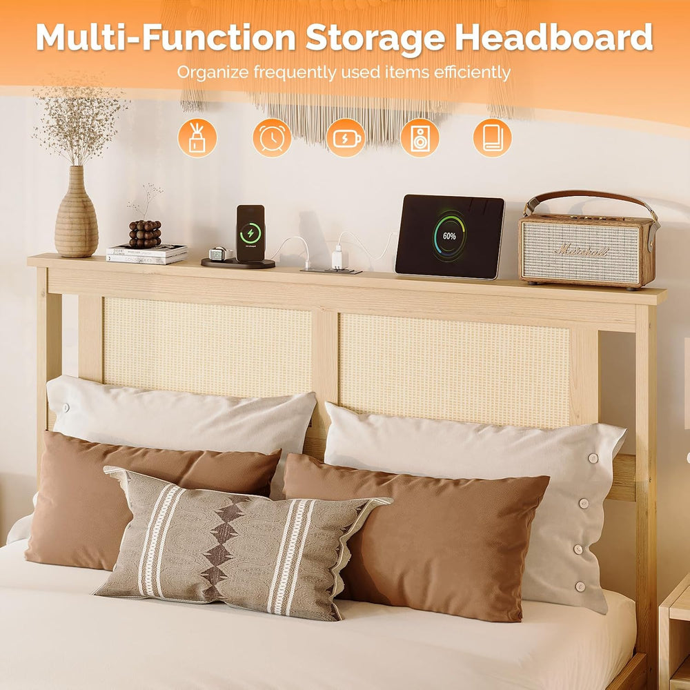 VINGLI Rattan Full Bed Frame with Rattan Headboard,Boho Platform Bed with Cha...