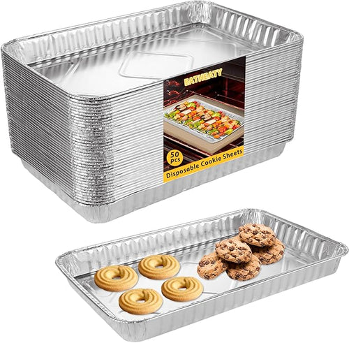 50 Pack Aluminum Pans Half Size 12.7 x 8 inch Disposable Cookie Sheets Baking by EATHEATY
