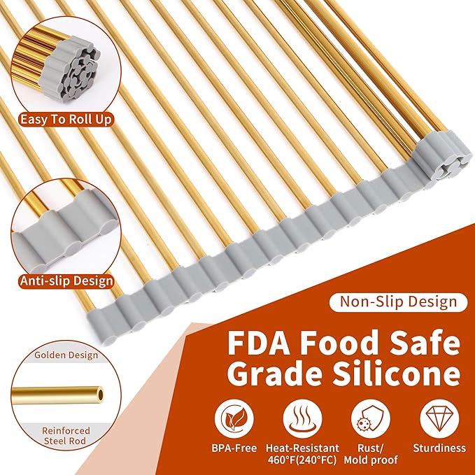 Golden Roll-UP Dish Drying Rack-Large Stainless Steel Dish Drainer Over The Sink - Image 6