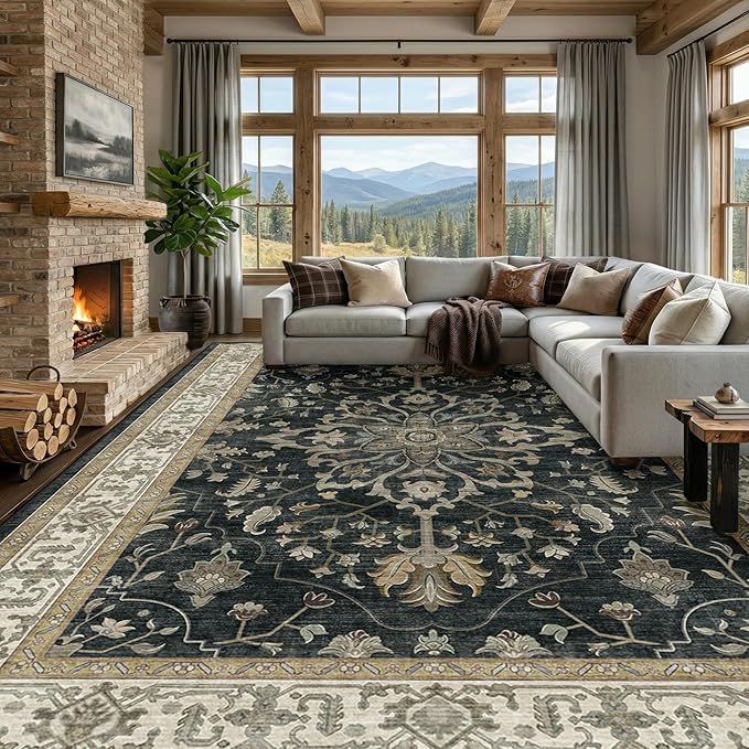 Area Rugs 9'x12' Washable Non-Slip, Floral Vintage Distress Print Pattern by RELEANY