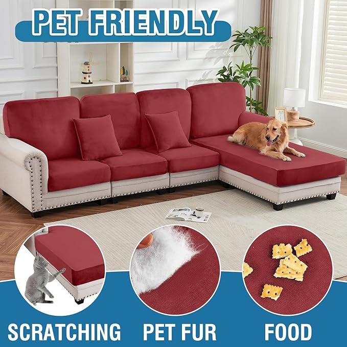 Couch Cover 4-Piece Elastic Velvet Couch Cushion Covers & Chaise Slipcovers - Image 4