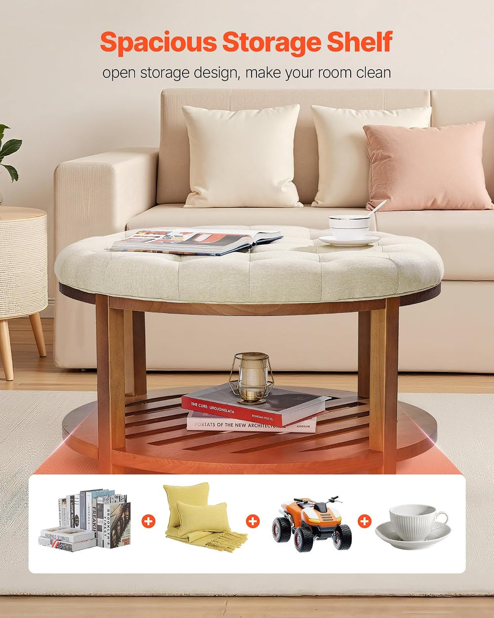 VEVOR Large Round Ottoman Coffee Table, 31.9 Inch Tufted Coffee Table with So...