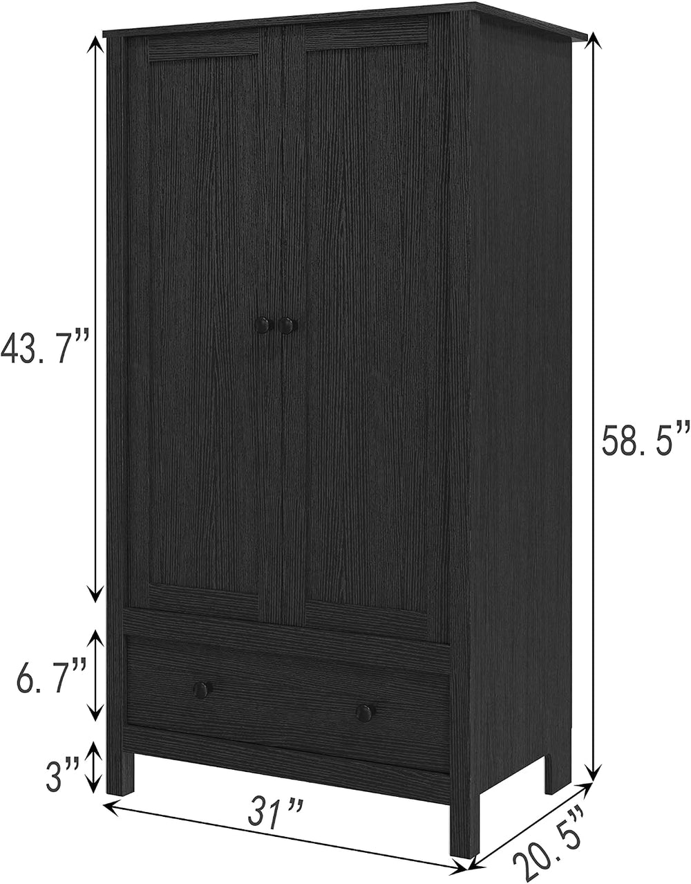 Panana 2 Door Wardrobe, Armoire with Drawer for Bedroom (Black)