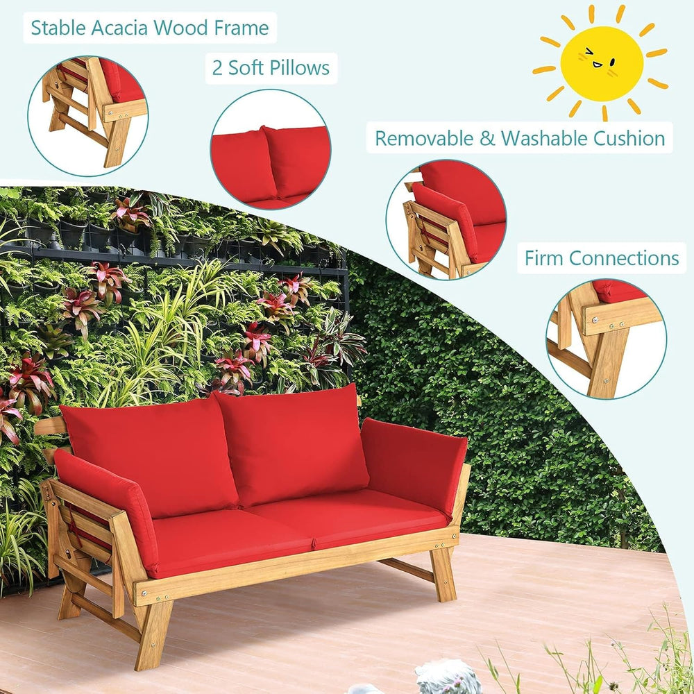 DORTALA Patio Convertible Couch Sofa Bed, Acacia Wood Daybed w/Adjustable Arm...