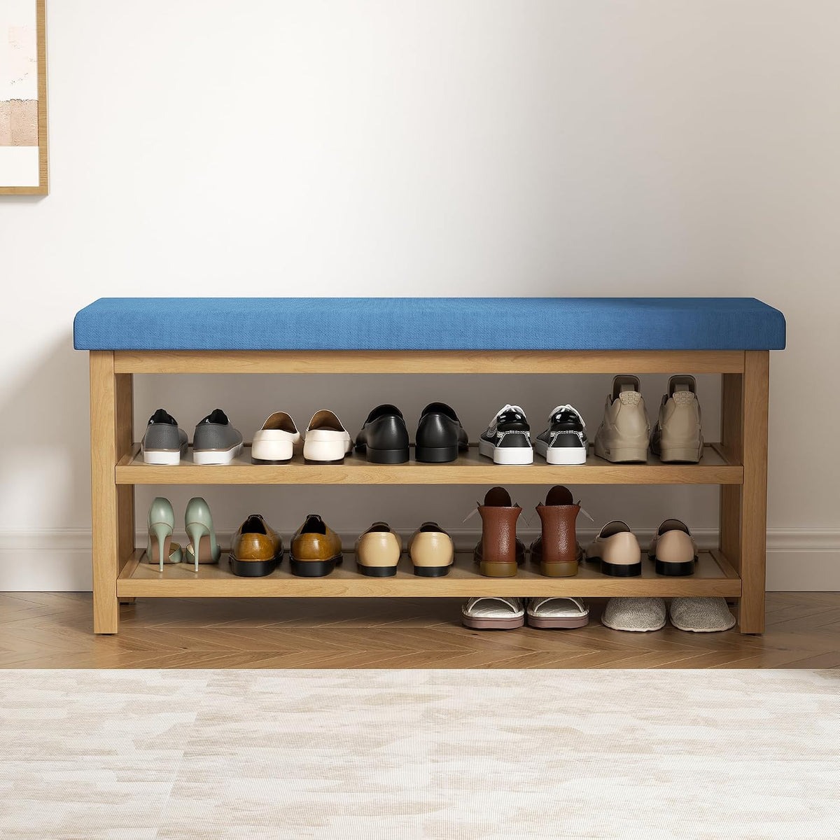 2 Tier Shoe Rack Bench with Cushion, Rubberwood Shoe Benches, Mid-Century Modern Shoe Storage Bench for Entryway, Hallway, Living Room, Closet, Front Door Entrance, Blue