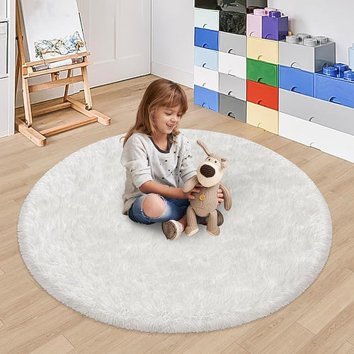 4x4 ft Tie Dye White Round Rug for Bedroom Room Fluffy Circle Rug Furry Carpet by JiaoBaba