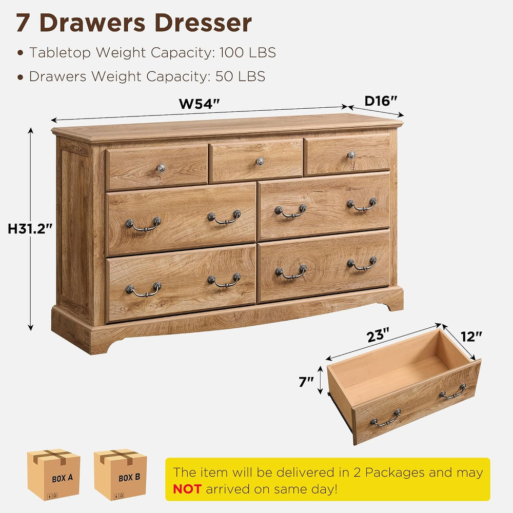 T4TREAM 54" Wide 7 Drawers Dresser Chests for Living Room, Light Knotty Oak