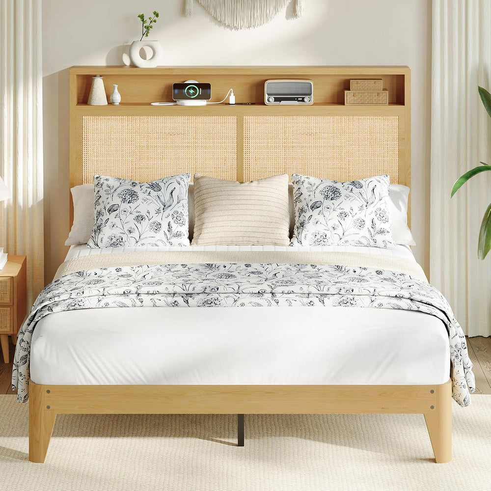 IDEALHOUSE Rattan Queen Bed Frame with Natural Rattan Headboard,Bohemian Quee...