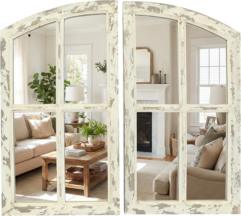 FLORA Farmhouse Mirror, Decoration Wood Arch Window Wall Mounted Mirror