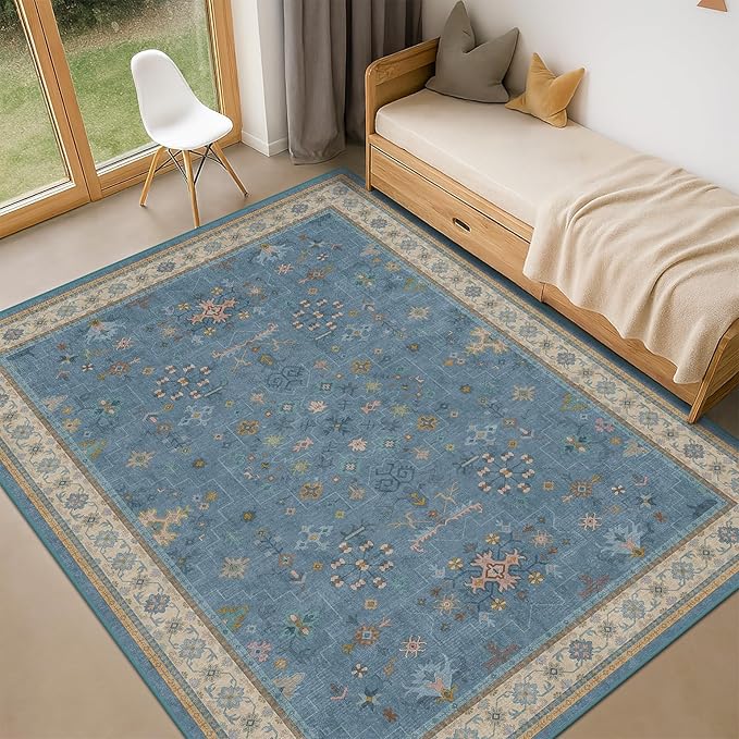 Washable 5x7 Blue Rugs for Kids Room, Boho 5 x 7 Nursery Rug Boys, Colorful by HazoHaus