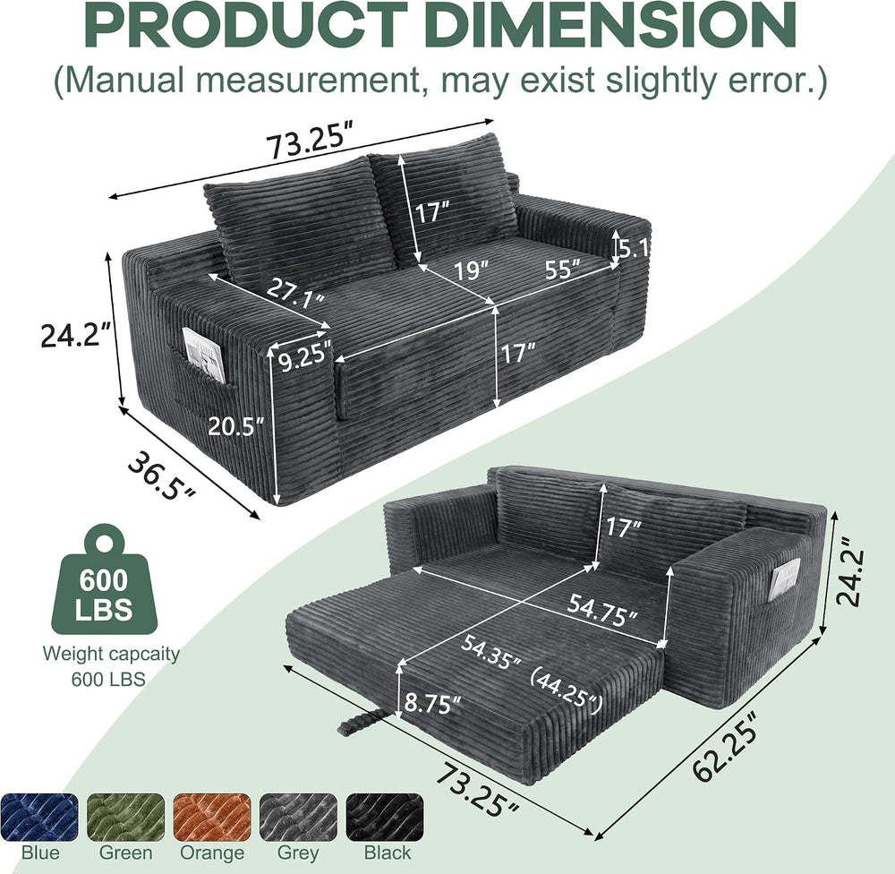73" Convertible Sofa Bed, Corduroy Boneless Loveseat Sleeper, Gray