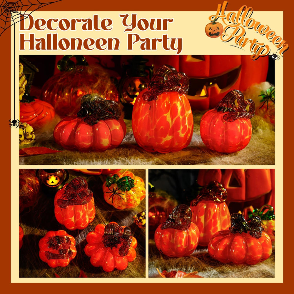 3 Pcs Blown Glass Pumpkin Figurines Orange Fall Halloween Table Decor