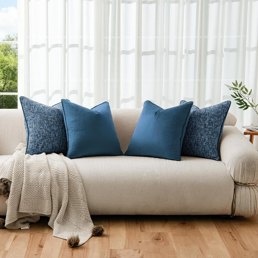a moment Blue 4 Pack Throw Pillow Covers - Chenille & Velvet Set with Pip...