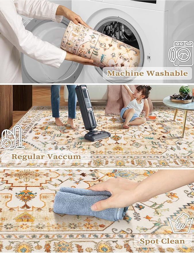 SERISSA Boho Washable Runner Rug, 2x6 Rug Runner Non-Slip Vintage Light Yellow - Image 2