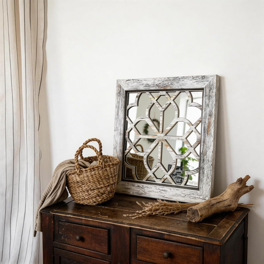 Set of 2 14 Inch Square Grey Window Pane Wall Mirrors, Shatterproof Rustic Fa...