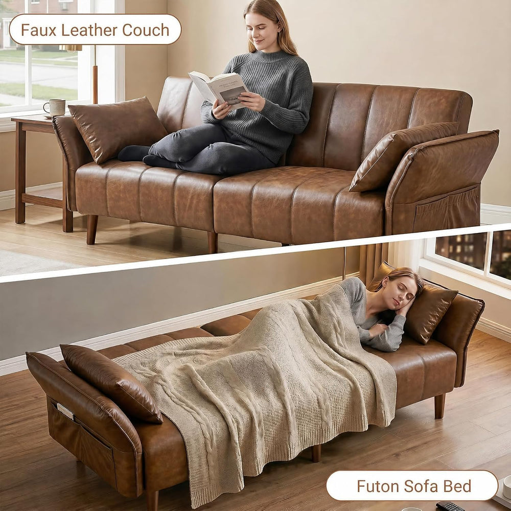 77" Faux Leather Couch, Leather Loveseat Futon Sofa Bed, Brown