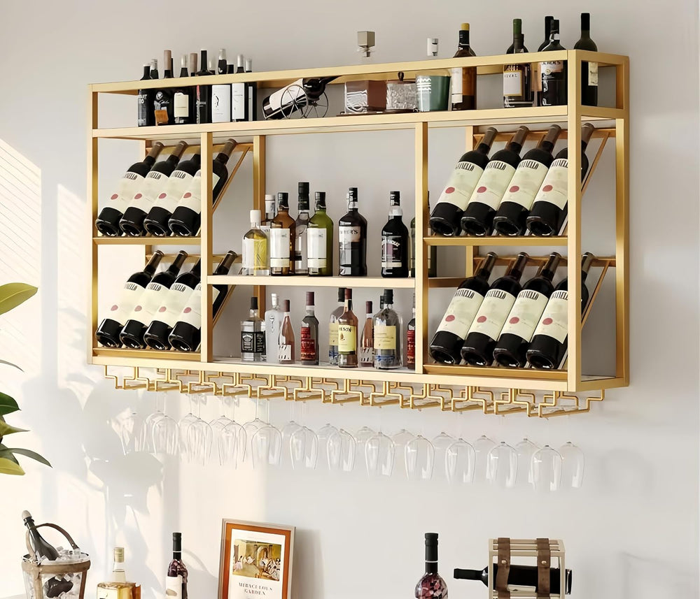 55 Inch Wine Rack Wall Mounted, 3-Tier Wall Bar Shelf with Glass Holder, Indu...