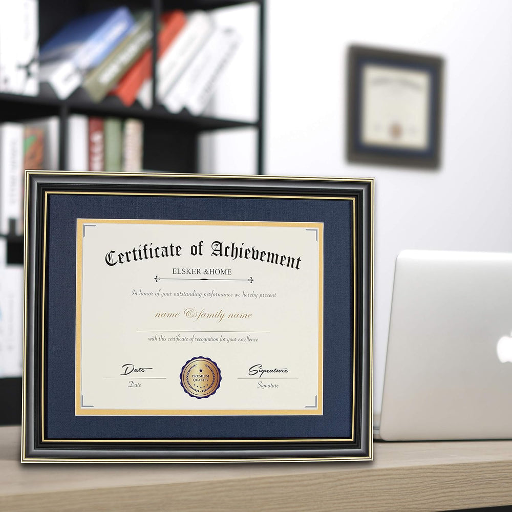 ELSKER&HOME 8.5x11 Diploma Frame with Navy Mat,Real Black Wood