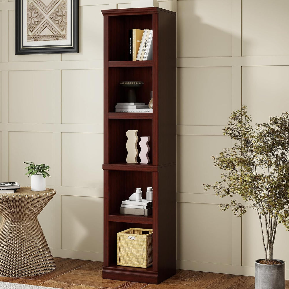 70" Tall Mahogany Bookcase, 5 Tiers Narrow Bookshelf for Living Room | 1...