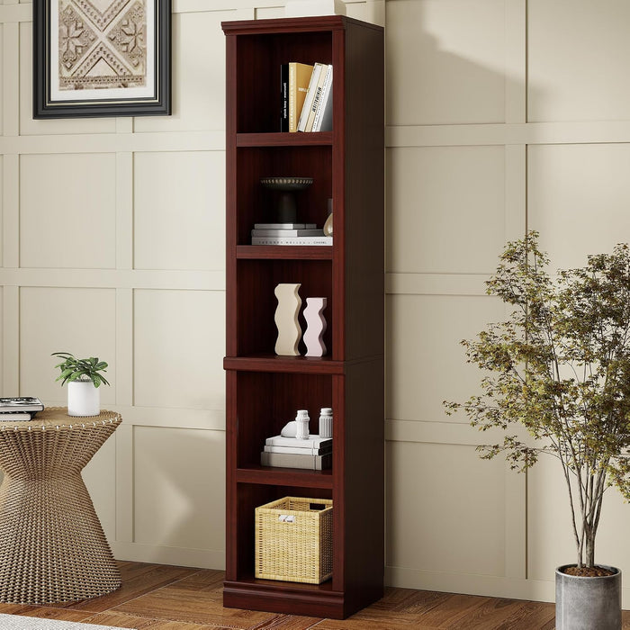 70" Tall Mahogany Bookcase, 5 Tiers Narrow Bookshelf for Living Room | 15" Wide Book shelf, Book Case for Hallway Kitchen Home Office Bathroom, Open Storage Organizer with Adjustable Shelf
