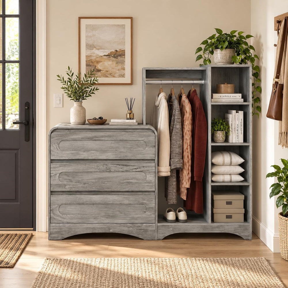 Dresser with Clothes Hanging Rack, Wardrobe Closet w/ 3 Drawers and Shelves