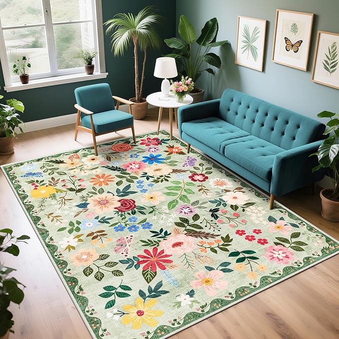 6x9 Area Rugs for Living Room: Floral Washable Rug Vintage Large Soft Boho by PLHXFRSoftAreaRugs