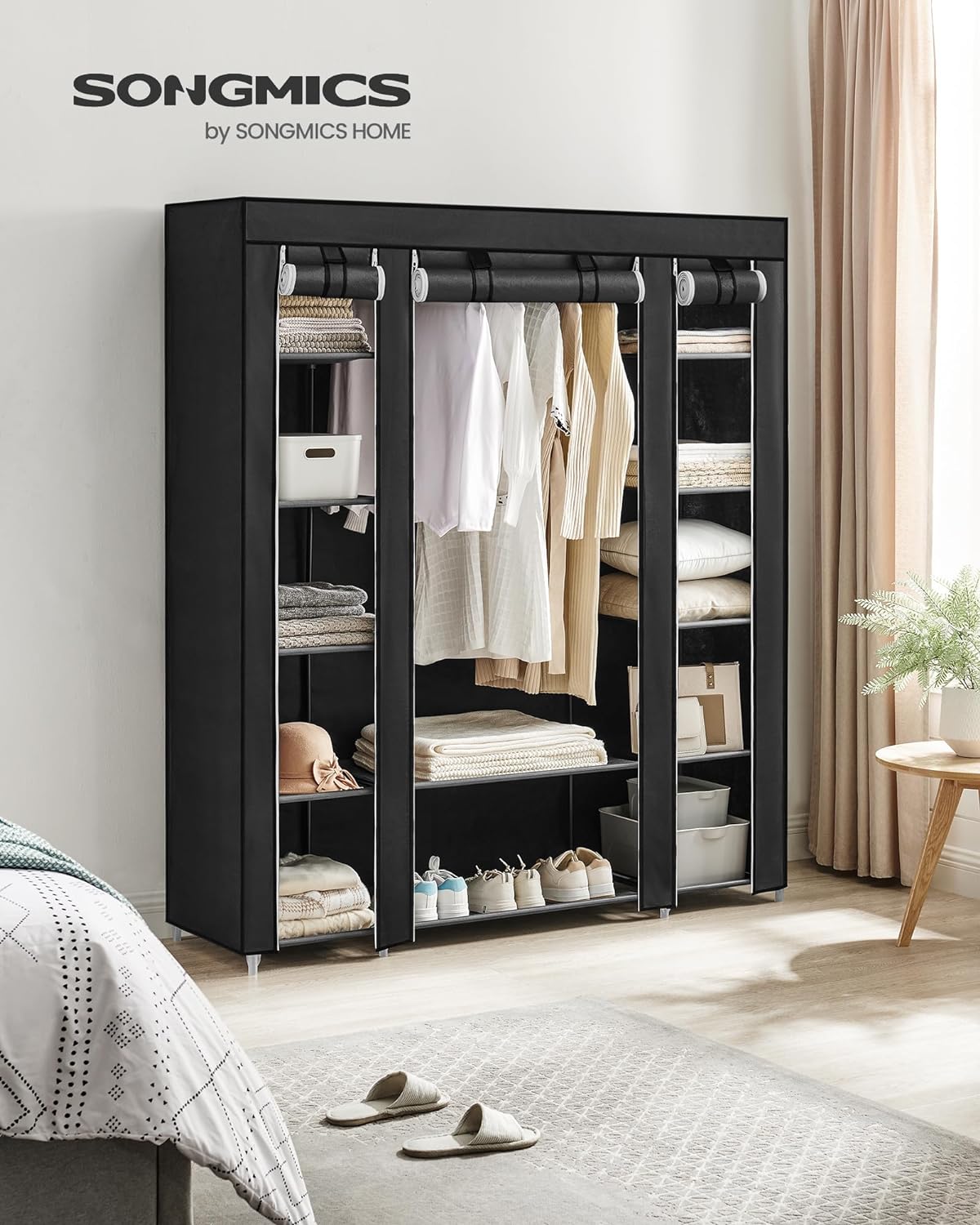 songmics closet wardrobe, portable closet, clothes storage organizer shown in use