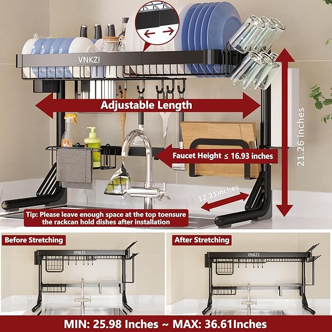 VNKZI Over Sink Dish Drying Rack, 2 Tier Full Stainless Steel Storage - Image 2