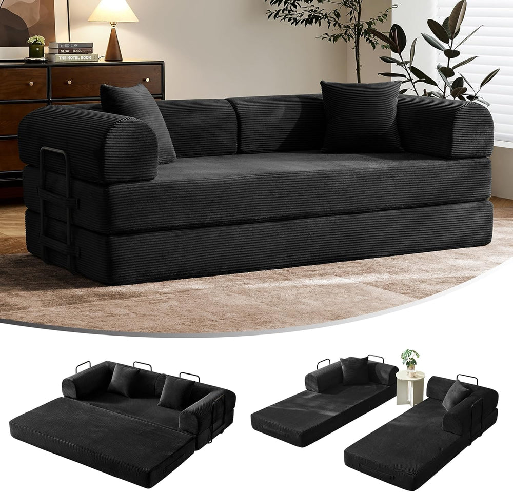 79" Convertible Futon Sofa Bed, Boneless Couch for Living Room | Black