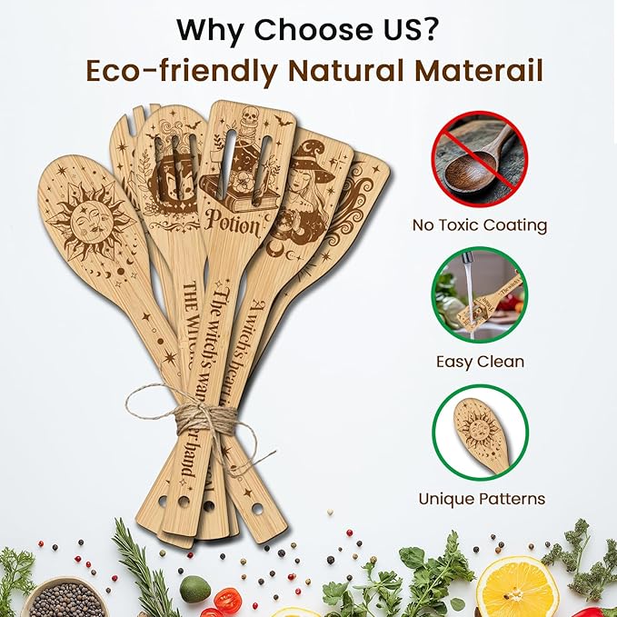 CUTHOLLOW 6PCS Magic Witch and Broom Wooden Kitchen Cooking Utensil Set - Image 3