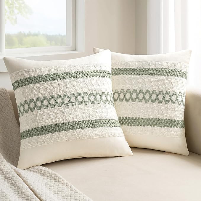 MIULEE Set of 2 Sage Green Boho Decorative Pillow Covers 24x24 Inch Farmhouse by MIULEE