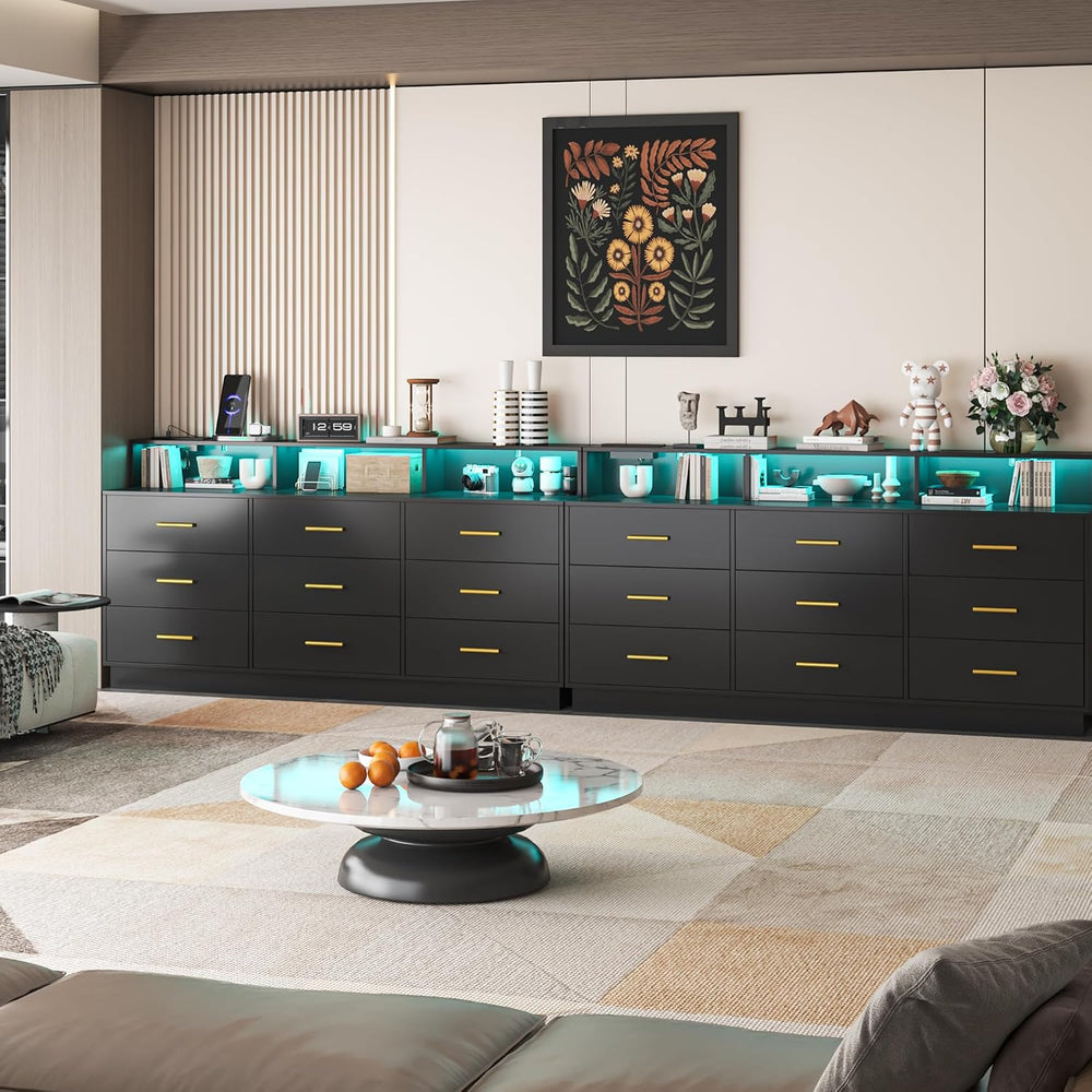 UNIQUITE Black 9 Drawer Dressers for Bedroom, Modern Large Dresser with LED L...