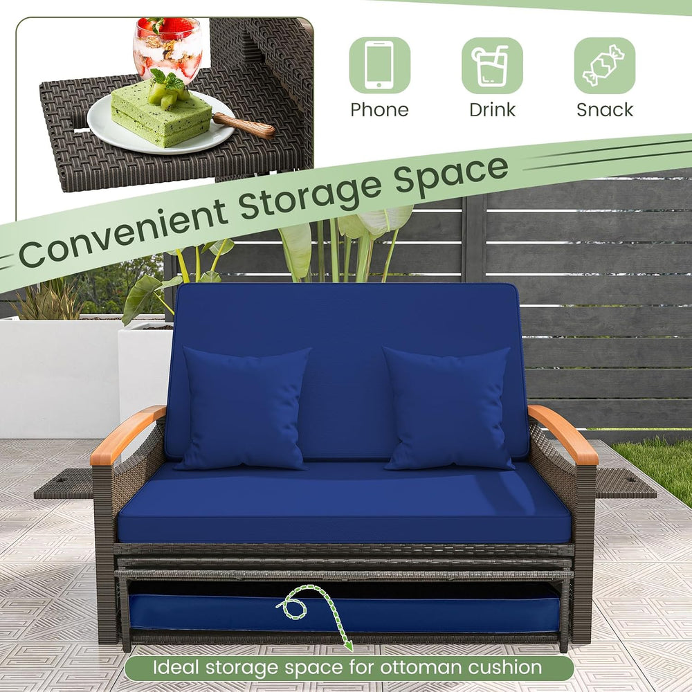Tangkula Patio Rattan Daybed, Outdoor Wicker Loveseat, Mix Brown & Navy