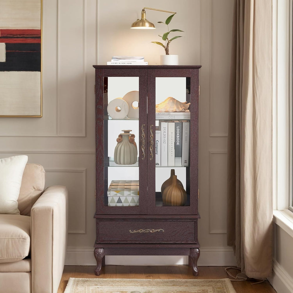 52" Lighted Accent Curio Cabinet, 3-Tier Antique Storage Cabinet with Te...