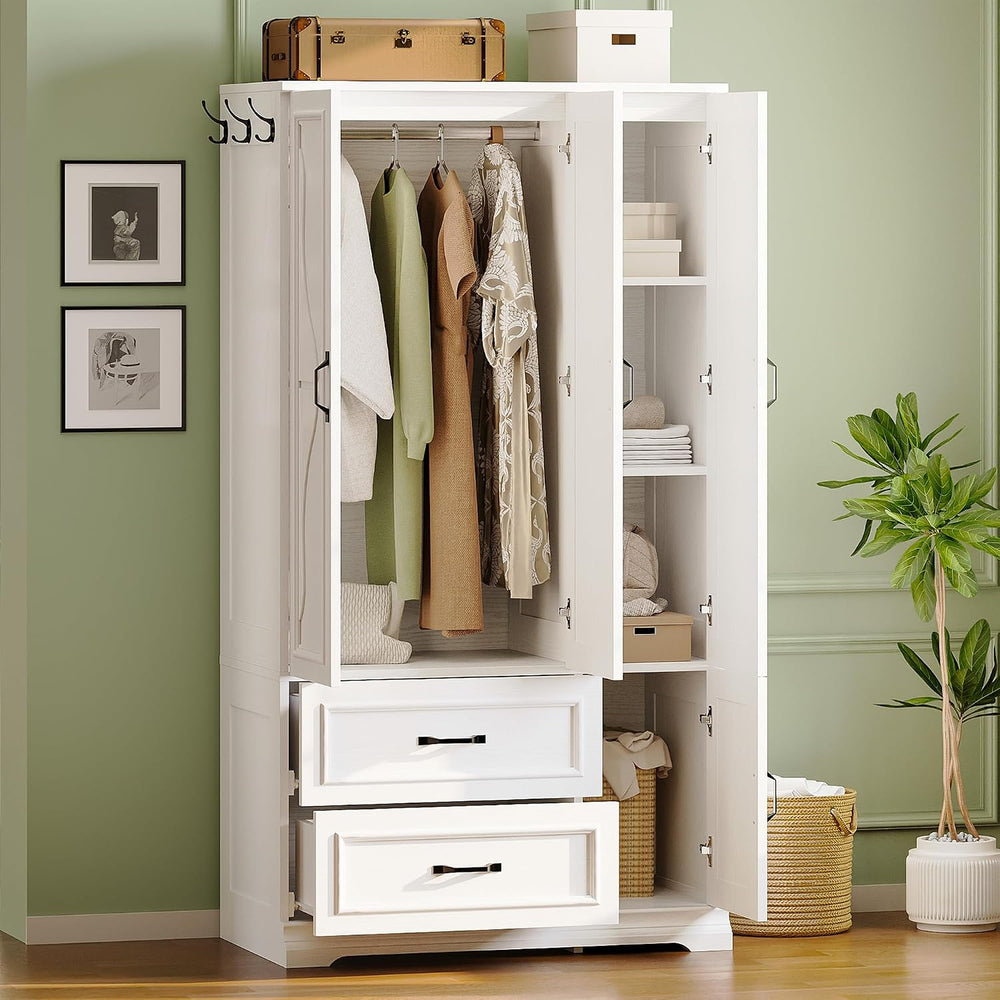 LIKIMIO Armoire Wardrobe Closet with 4 Doors and Drawers, White
