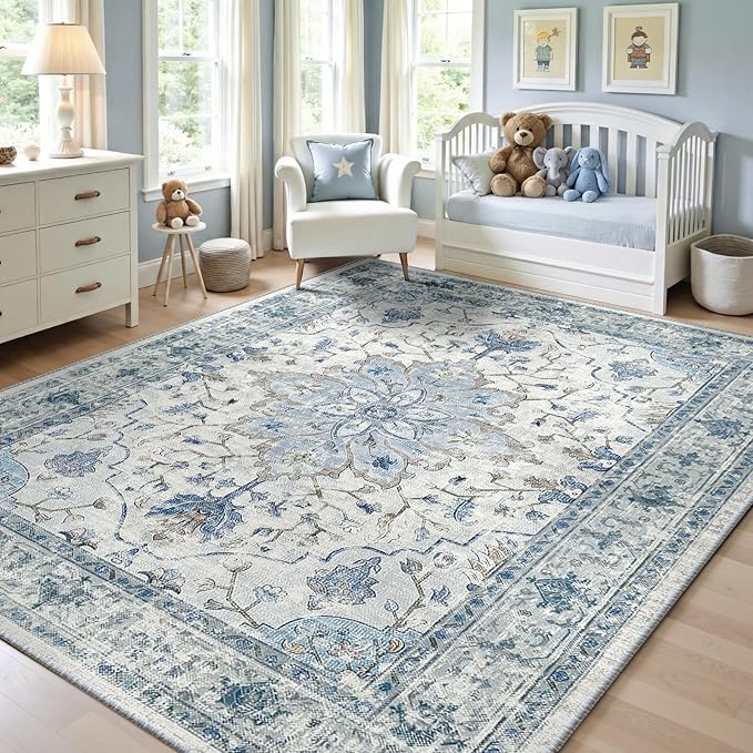 Area Rugs 5'x7' Washable Non-Slip, Floral Vintage Distress Print Pattern by RELEANY