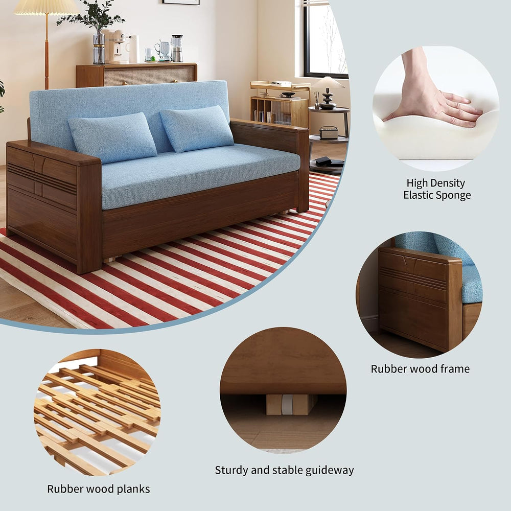 71" Solid Wood Walnut Frame Sectional Sleeper Sofa, 3-in-1 Pull Out Bed