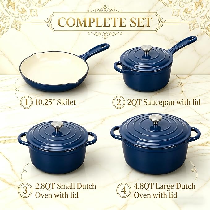 QuliMetal Enameled Cast Iron Cookware Set, 4-Piece Pots and Pans Set