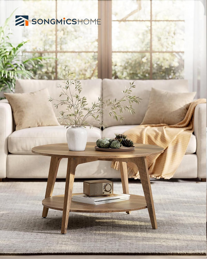 SONGMICS HOME Round Coffee Table, 2 Tier Living Room Center Table, Mid Century Modern Charm, Brown