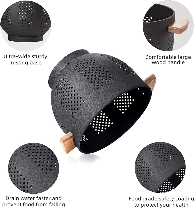 Metal Colander with Wood Handle and Stable Base, Powder Coated Steel Kitchen - Image 4