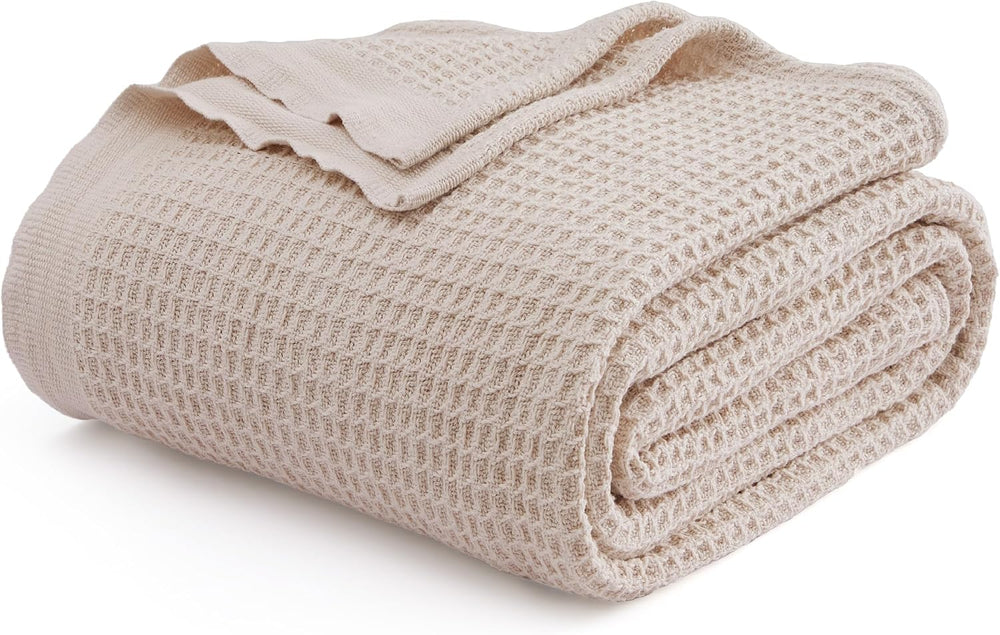 Bedsure 100% Cotton Blanket, Waffle Weave, Queen Size, Beige, 90"x90"