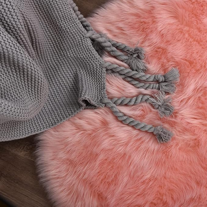 ORINOVA Pink Washable Shag Round Rugs 6.6ft Soft Plush Faux Sheepskin Fuzzy Fur - Image 7