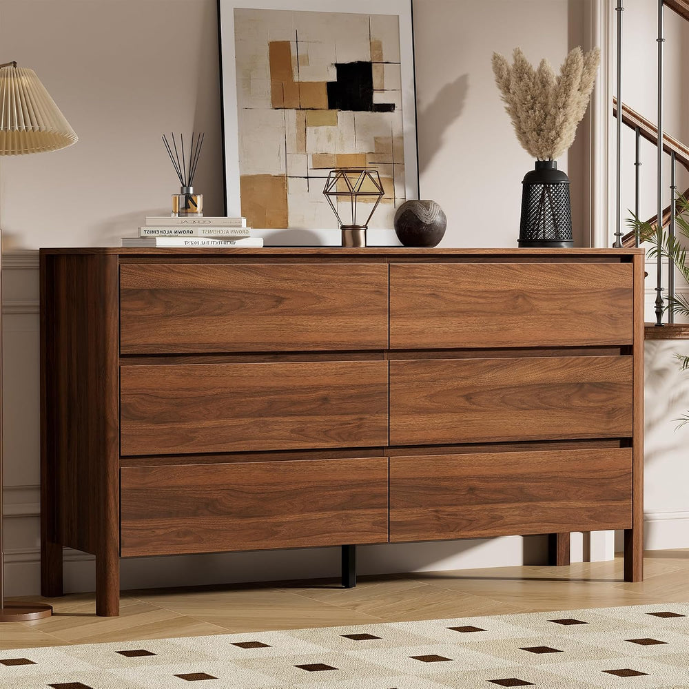 Furniway 55.1" Wide 6 Drawer Wood Dresser for Bedroom with Legs, Walnut