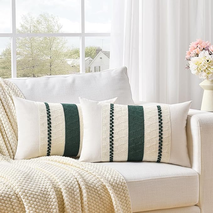 Fancy Homi Set of 1 Dark Green Boho Lumbar Decorative Throw Pillow Covers 12x20 - Image 2