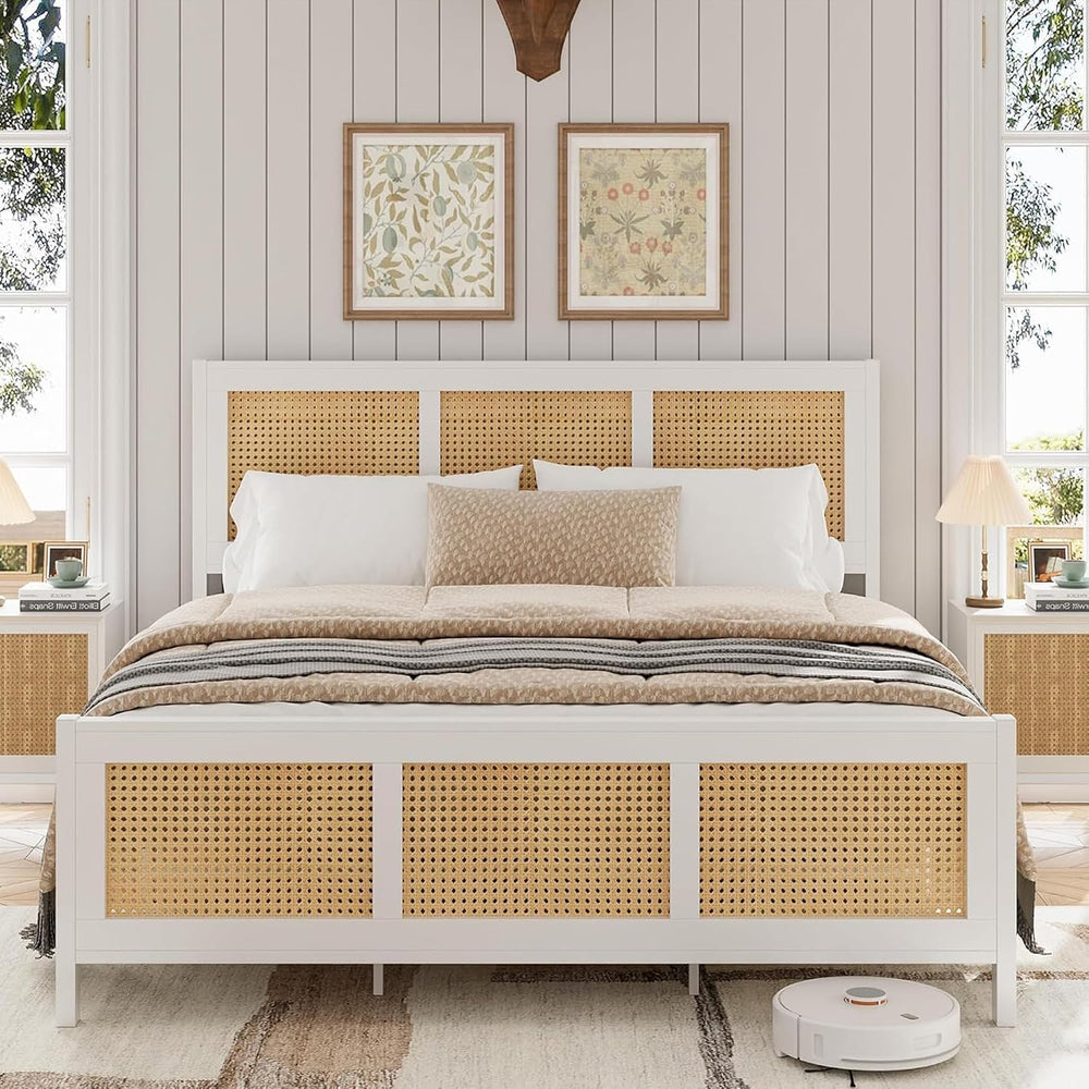 Garvee Rattan Bed Frame with Headboard, Bohe Platform Full Size Bed Frame wit...