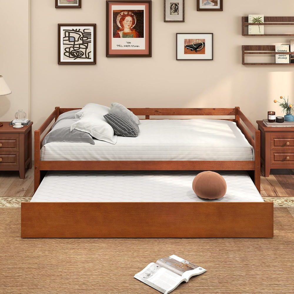 GIANTEX Twin Daybed with Trundle, Wood Trundle Bed with Wood Slat Support, Mi...