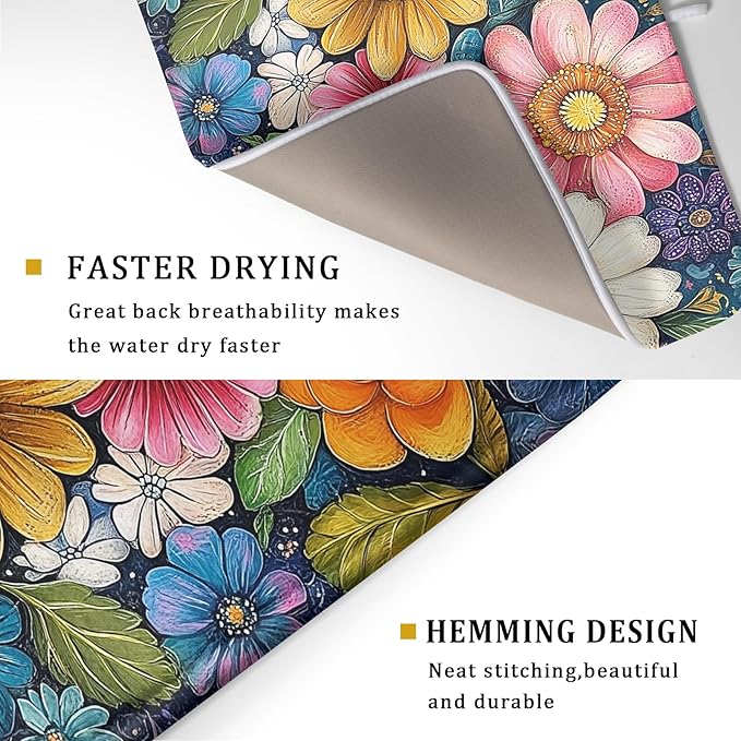 Giwawa Boho Flower Dish Drying Mat, Colorful Floral Leaf Dish Drainer Mats - Image 3