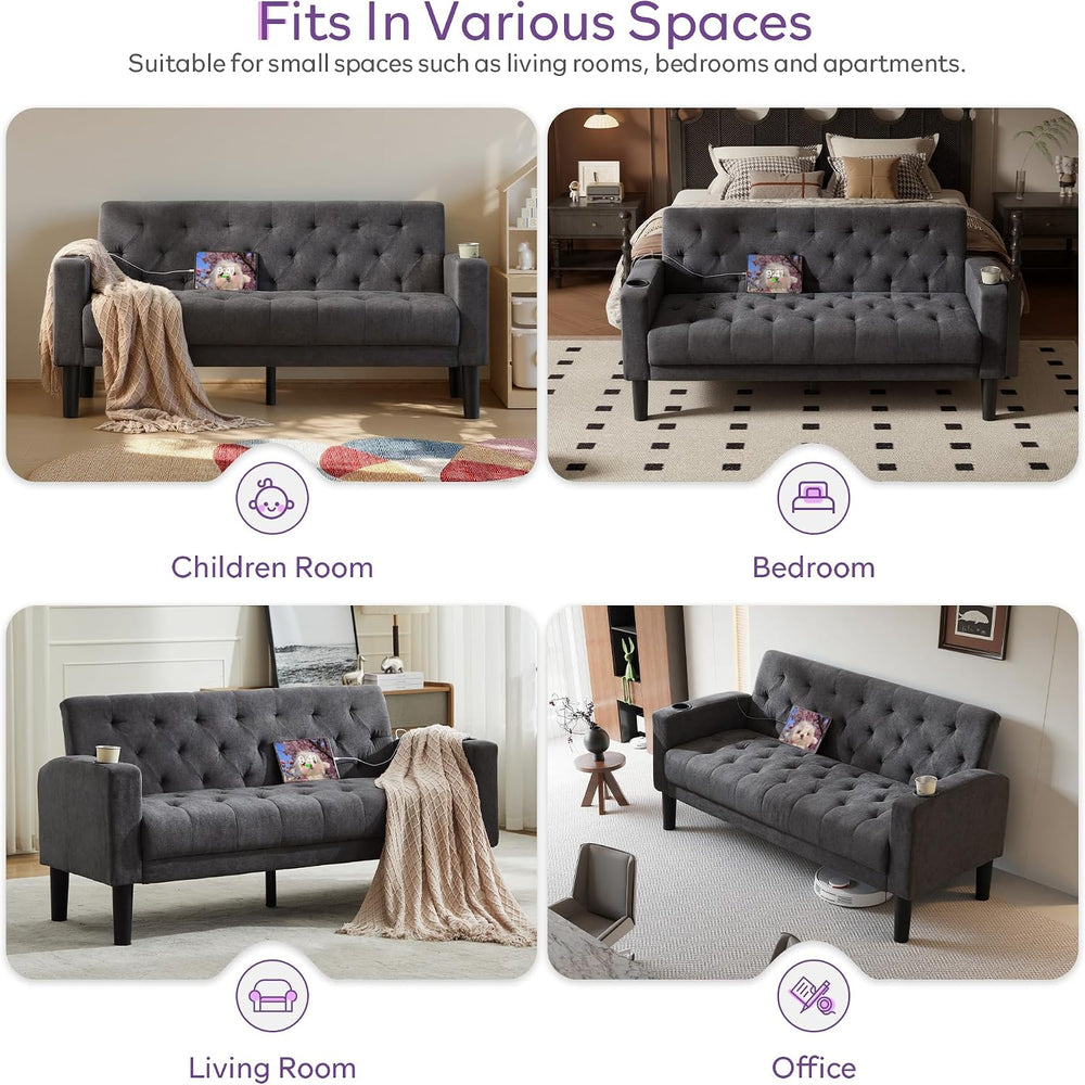 62" W Loveseat Sofa w/ 2 USB Charger Ports and 2 Cupholders